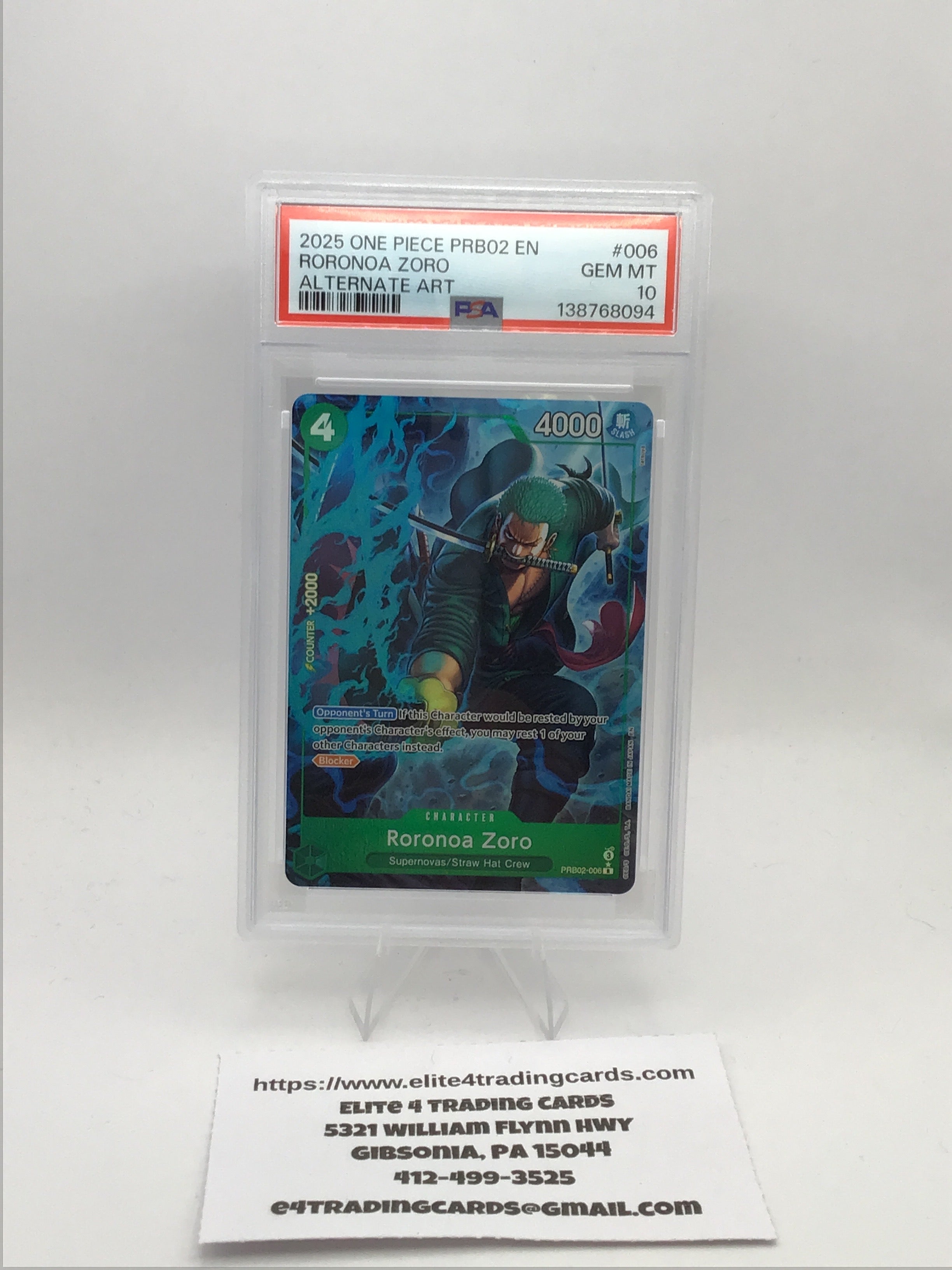 Roronoa Zoro [Alternate Art] PRB02-006 One Piece Premium Booster (PSA 10)