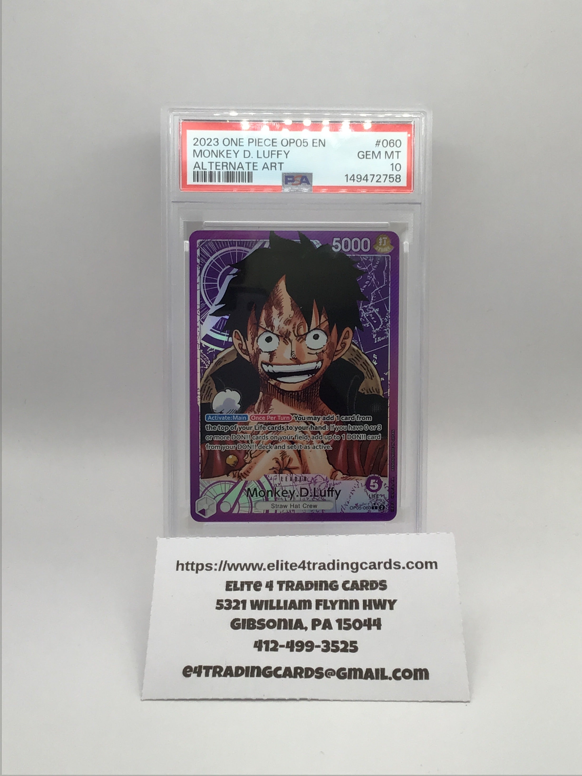 Monkey.D.Luffy [Alternate Art] OP05-060 (PSA 10)