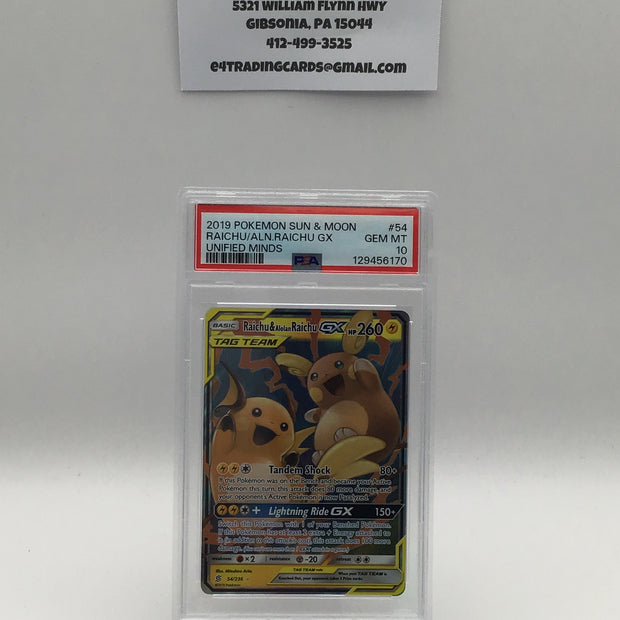 Raichu & Alolan Raichu GX #54 Pokemon Unified Minds (PSA 10)